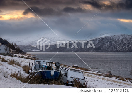 Landscape with a car and boat, Harstad, Norway 122612578