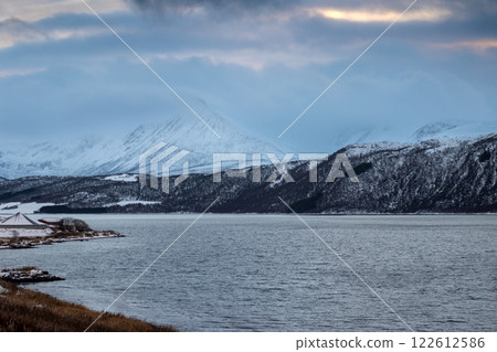 Landscape with a fjord and mountains, Harstad, Norway 122612586