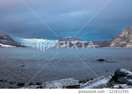 Landscape with a fjord and mountains, Harstad, Norway 122612591