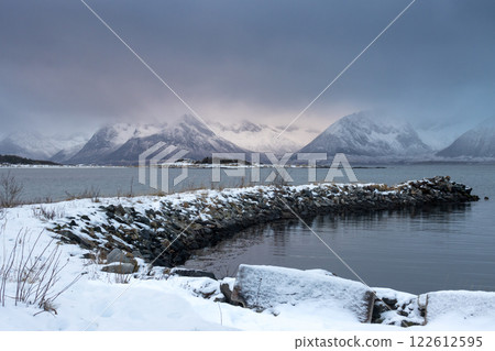 Landscape with a fjord and mountains, Harstad, Norway 122612595