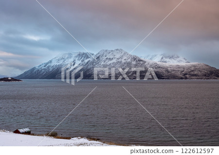 Landscape with a fjord and mountains, Harstad, Norway Landscape with a fjord and mountains, Harstad, Norway 122612597