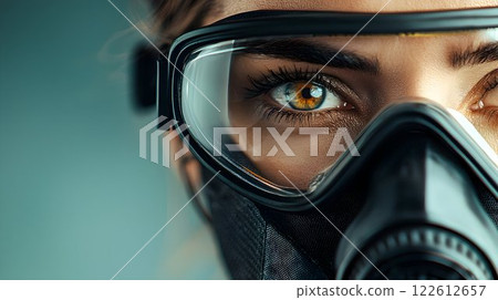 Close-up of a person wearing protective gear with a focus on their expressive eyes, showcasing resilience in a challenging environment. Generative AI 122612657