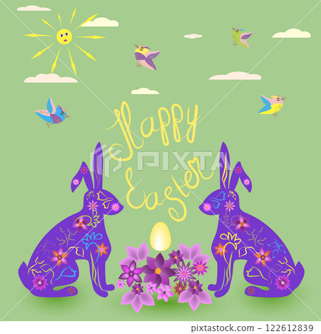greeting card with Easter bunnies and Easter eggs greeting card with Easter bunnies and Easter eggs 122612839
