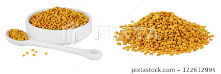 Bee pollen grains in ceramic bowl and spoon isolated on white background Bee pollen grains in ceramic bowl and spoon isolated on white background 122612995
