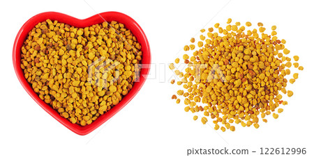 Bee pollen grains in ceramic bowl isolated on white background. Top view. Flat lay 122612996