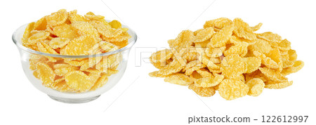 Cornflakes in glass bowl isolated on white background. 122612997