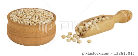 Sorghum seeds in wooden bowl and scoop isolated on white background with full depth of field. 122613015