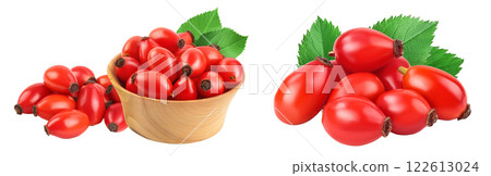 Rose hip in wooden bowl isolated on a white background with full depth of field 122613024