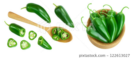 sliced jalapeno pepper in wooden bowl and spoon isolated on white background. Green chili pepper. Top view. Flat lay sliced jalapeno pepper in wooden bowl and spoon isolated on white background. Green chili pepper. Top view. Flat lay 122613027