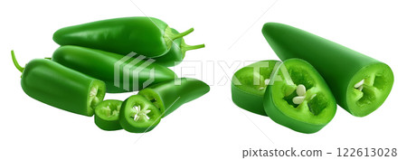 jalapeno peppers isolated on white background. Green chili pepper with full depth of field. 122613028