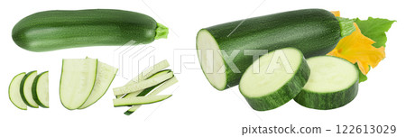 Fresh sliced zucchini isolated on white background with full depth of field. Top view. Flat lay Fresh sliced zucchini isolated on white background with full depth of field. Top view. Flat lay 122613029