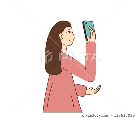 Girl holding the phone in his hand in front of his face and looking at smartphone. Woman looks at her phone screen. Girl stands and talks on video call. Takes pictures. Vector illustration. Girl holding the phone in his hand in front of his face and looking at smartphone. Woman looks at her phone screen. Girl stands and talks on video call. Takes pictures. Vector illustration. 122613039