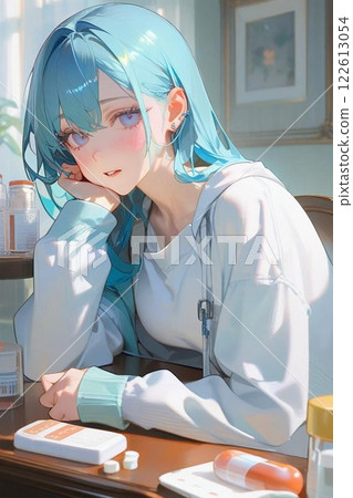 Illustration of a woman in pajamas who is feeling unwell 122613054