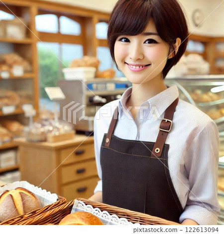 A female clerk working at a bakery 122613094