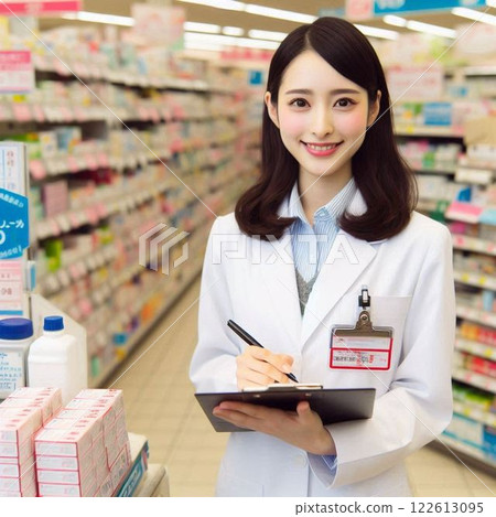 A female pharmacist working at a drugstore 122613095