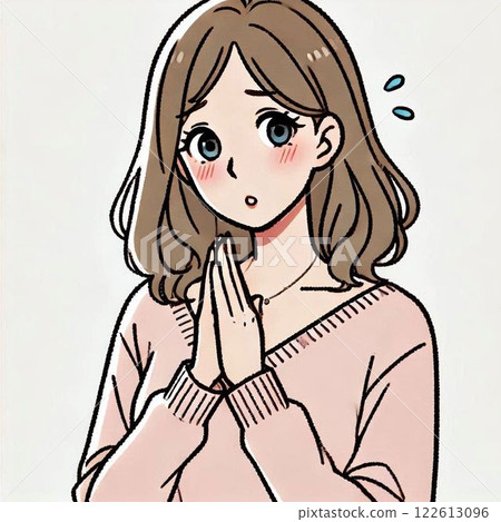 Illustration of a woman apologizing with her hands together 122613096