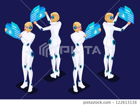 Trending Isometric Cyborg Artificial Intelligence. 3D Cyborg Woman hand and foot gestures, front view and back view highlighted on a dark background. Vector illustration Set 4 122613138