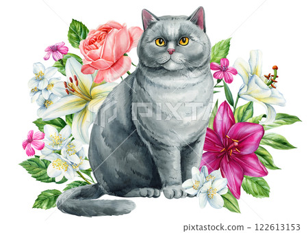 Watercolor kitten and blooming flowers, hand painted floral. Gray cat illustrations perfect for greeting cards, posters 122613153