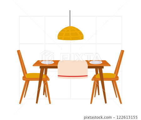 Wooden dining table and chairs. The dining room. 122613155