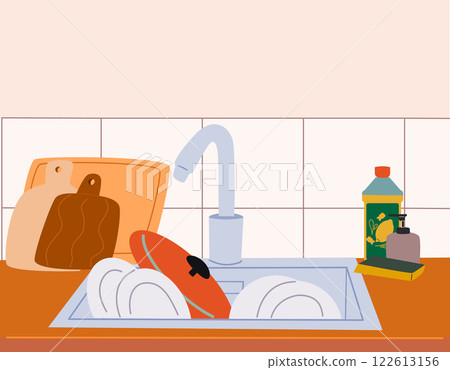 Sink with dishes, kitchen interior. Washing plates, cups and dishes. 122613156