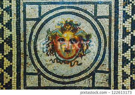 Naples, Italy - November 18, 2024: Fragment of historical ancient Roman mosaic circa 100 BC . Archaeological artifact from an excavated house in the buried volcano Vesuvius, Pompeii. 122613173