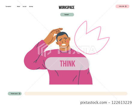 Thinking people, modern flat vector concept illustration- man standing thoughtfully, looking forward, bubble near his head Metaphor for reflection, analysis, introspection, contemplation, deep thought 122613229