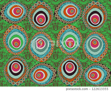 Seamless African Wax Print fabric, Ethnic handmade ornament for your design, Afro Ethnic flowers and tribal motifs geometric circle elements. Vector texture, Africa Ankara textile fashion background Seamless African Wax Print fabric, Ethnic handmade ornament for your design, Afro Ethnic flowers and tribal motifs geometric circle elements. Vector texture, Africa Ankara textile fashion background 122613355