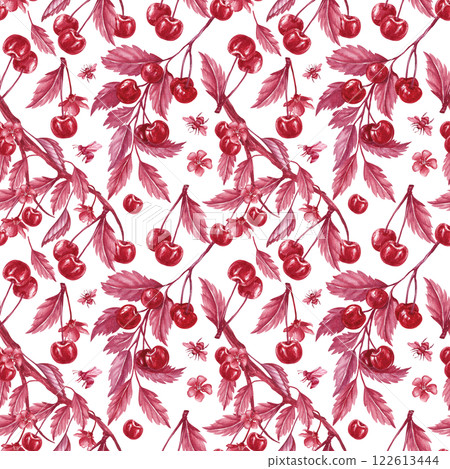 Seamless pattern with cherries and bees. Red monochrome shades. Watercolor isolated illustration. Hand drawn berries, leaves, twigs and insects for textile or packaging juices or jam. Summer vibe Seamless pattern with cherries and bees. Red monochrome shades. Watercolor isolated illustration. Hand drawn berries, leaves, twigs and insects for textile or packaging juices or jam. Summer vibe 122613444