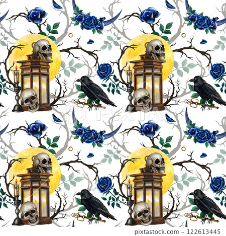 Seamless pattern with large full moon, skulls, vintage lantern and candelabrum, roses and branches. Watercolor illustration in Gothic style for Halloween or Day of the Dead isolated from background Seamless pattern with large full moon, skulls, vintage lantern and candelabrum, roses and branches. Watercolor illustration in Gothic style for Halloween or Day of the Dead isolated from background 122613445