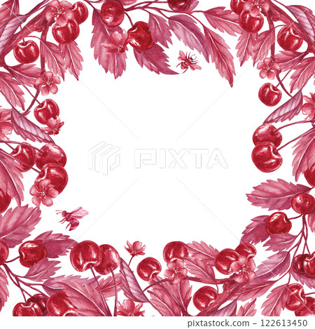 Square frame with cherry branches along the perimeter. Watercolor illustration in monochrome style. Hand drawn postcard isolated from the background. Perfect for packaging tincture, liqueur, compote Square frame with cherry branches along the perimeter. Watercolor illustration in monochrome style. Hand drawn postcard isolated from the background. Perfect for packaging tincture, liqueur, compote 122613450