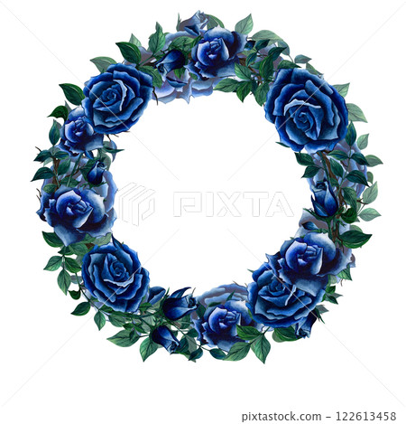 Floral wreath with blue roses and leaves painted in watercolor. Hand drawn illustration frames with flower and foliage isolate on white background. Botanic picture used for design, postcards, print Floral wreath with blue roses and leaves painted in watercolor. Hand drawn illustration frames with flower and foliage isolate on white background. Botanic picture used for design, postcards, print 122613458