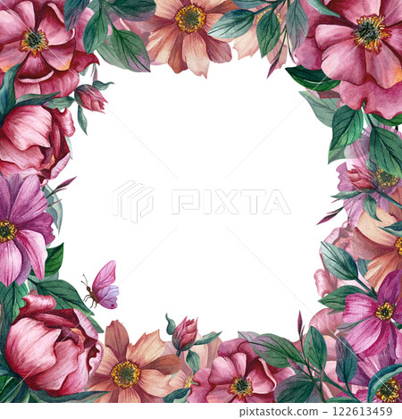 Flowers square frame with buttefly and leaves. Hand drawn watercolor illustration on white background. For postcards on spring Hollidays, March 8, Women's birthday and jubilee. For design anniversary Flowers square frame with buttefly and leaves. Hand drawn watercolor illustration on white background. For postcards on spring Hollidays, March 8, Women's birthday and jubilee. For design anniversary 122613459