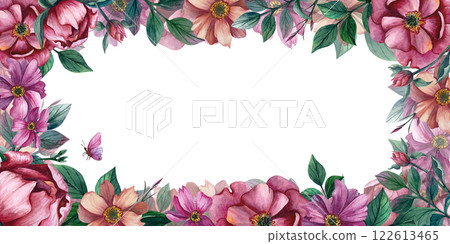 Rectangular frame with flowers, buttefly and leaves. Isolated watercolor illustration on white background. For spring banners and template for wedding invitation or Jubilee and anniversary design Rectangular frame with flowers, buttefly and leaves. Isolated watercolor illustration on white background. For spring banners and template for wedding invitation or Jubilee and anniversary design 122613465