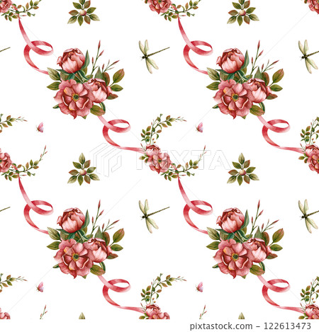 Beautiful spring seamless pattern with composition of peonies, dragonfly, butterfly inside the ornament of pink ribbons. Watercolor illustration isolated from the background. For March 8, stationery Beautiful spring seamless pattern with composition of peonies, dragonfly, butterfly inside the ornament of pink ribbons. Watercolor illustration isolated from the background. For March 8, stationery 122613473
