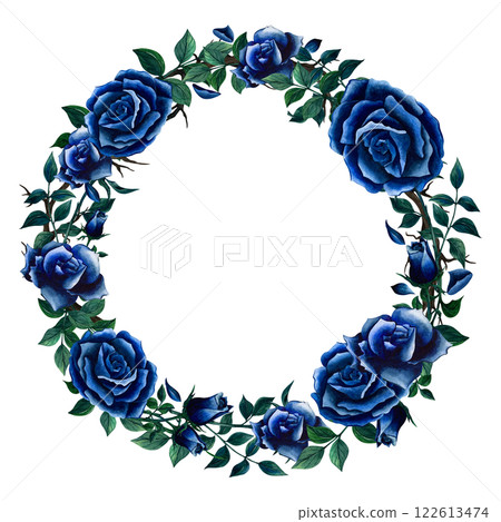 Floral wreath with blue roses and leaves painted in watercolor. Hand drawn illustration frames with flower and foliage isolate on white background. Botanic picture used for design, postcards, print 122613474