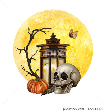 Yellow full moon with skull, lantern, pumpkin, branch and butterfly. Watercolor illustration isolated from the background. Hand drawn composition for Halloween, Friday the 13 poster, design, packing 122613476