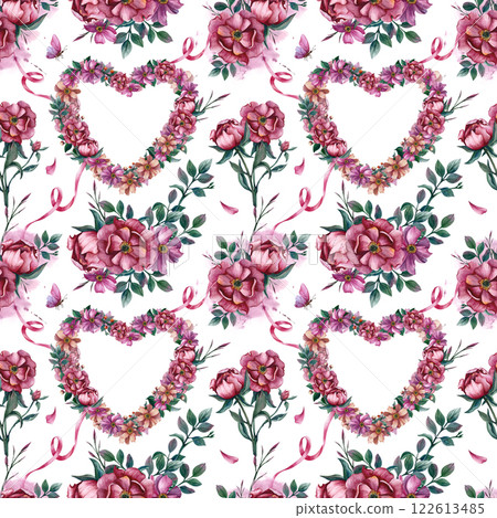 Seamless pattern with flower wreath in the shape of a heart, ribbon and butterfly. Watercolor illustration. Hand drawn picture isolated from the background. Floral heart for Valentine's Day, March 8 122613485