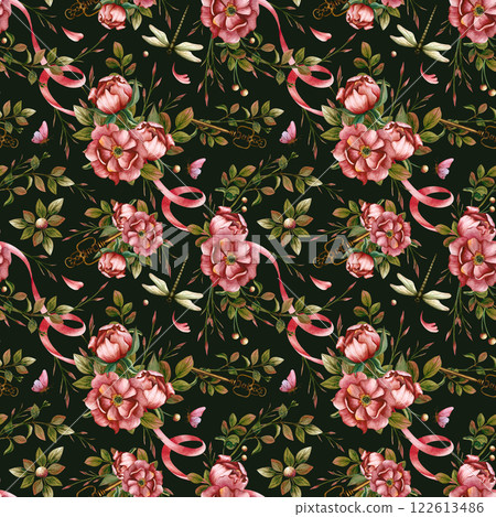Floral seamless pattern on the dark background with composition of peonies and leaves connected with ribbon. Watercolor dragonfly, butterfly and vintage key. Illustration for scrapbook and stationery 122613486