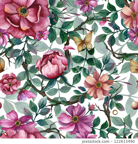 Floral pattern with peonies and butterflies, anemones and leaves. Watercolor illustration isolated background. Ornament for spring and summer holidays, textile, background, paper on March 8, Birthday Floral pattern with peonies and butterflies, anemones and leaves. Watercolor illustration isolated background. Ornament for spring and summer holidays, textile, background, paper on March 8, Birthday 122613490