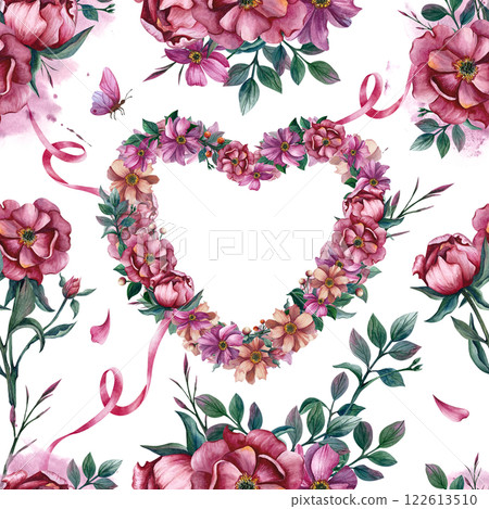 Seamless pattern with flower wreath in the shape of a heart, ribbon and butterfly. Watercolor illustration. Hand drawn picture isolated from the background. Floral heart for Valentine's Day, March 8 Seamless pattern with flower wreath in the shape of a heart, ribbon and butterfly. Watercolor illustration. Hand drawn picture isolated from the background. Floral heart for Valentine's Day, March 8 122613510