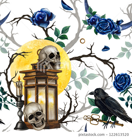 Seamless pattern with large full moon, skulls, vintage lantern and candelabrum, roses and branches. Watercolor illustration in Gothic style for Halloween or Day of the Dead isolated from background 122613520