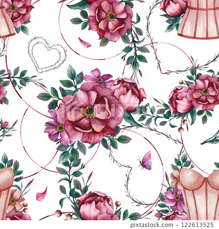 Beauty floral pattern with corset lingerie and heart. Watercolor illustration flowers with women's underwear and peonies isolated from the background. For packaging for lingerie stores or girls party Beauty floral pattern with corset lingerie and heart. Watercolor illustration flowers with women's underwear and peonies isolated from the background. For packaging for lingerie stores or girls party 122613525