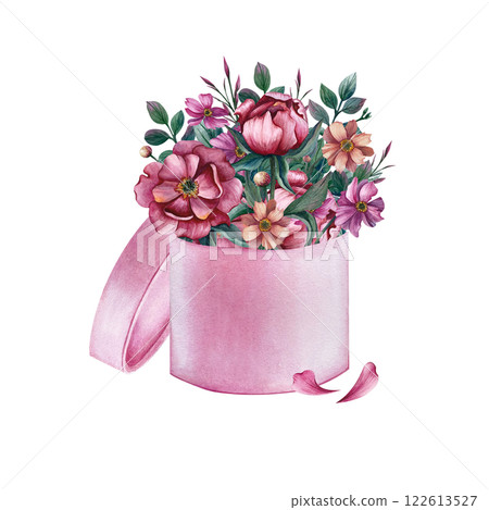 Floral bouquet in a pink hat box. Watercolor illustration with peonies and anemones on isolated background. Spring or summer flowers for gift postcards and invitations, March 8, women's birthday Floral bouquet in a pink hat box. Watercolor illustration with peonies and anemones on isolated background. Spring or summer flowers for gift postcards and invitations, March 8, women's birthday 122613527