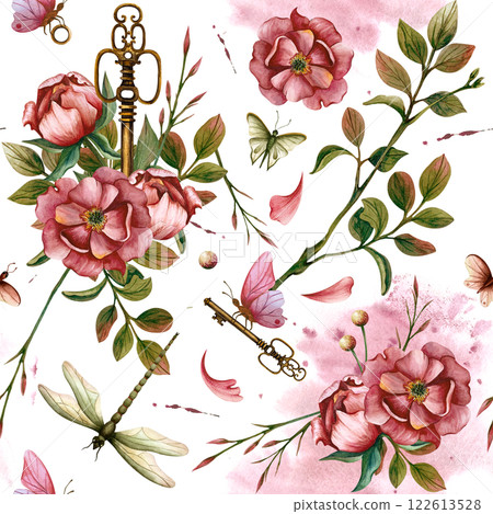 Delicate seamless pattern with peonies, key, leaves, butterfly and dragonfly. Watercolor illustration isolated from the background. Hand drawn ornament for postcards for wedding day, March 8, textile Delicate seamless pattern with peonies, key, leaves, butterfly and dragonfly. Watercolor illustration isolated from the background. Hand drawn ornament for postcards for wedding day, March 8, textile 122613528