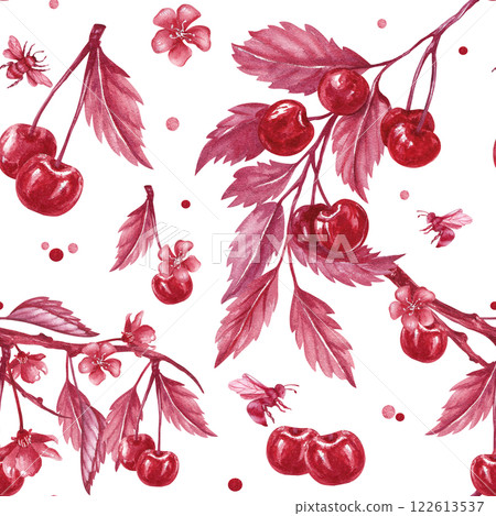 Seamless monochrome pattern with red cherry and bees. Watercolor illustration isolated from the background. Hand drawn ripe berries and leaves can be used for kitchen textile, juices, tincture, jam Seamless monochrome pattern with red cherry and bees. Watercolor illustration isolated from the background. Hand drawn ripe berries and leaves can be used for kitchen textile, juices, tincture, jam 122613537