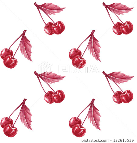 Seamless pattern with two cherries on a branch. Watercolor monochrome illustration isolated from the background. Hand drawn cherry perfect for textile, packaging, label, juices, tincture, jam Seamless pattern with two cherries on a branch. Watercolor monochrome illustration isolated from the background. Hand drawn cherry perfect for textile, packaging, label, juices, tincture, jam 122613539