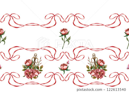 Seamless horizontal border with flowers, vintage key and butterfly with red tied bows. Watercolor illustration isolated from the background. Hand drawn pattern for textile, stationery and scrapbook Seamless horizontal border with flowers, vintage key and butterfly with red tied bows. Watercolor illustration isolated from the background. Hand drawn pattern for textile, stationery and scrapbook 122613540