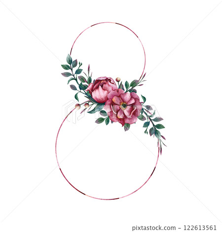 Number 8 frame with watercolor flowers. Hand drawn illustration isolated from the background for greeting card for March 8, Happy womens day or Childrens Birthday. Pink peonies and around the circle 122613561