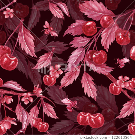 Seamless monochrome pattern with red cherry. Watercolor illustration ornament on the dark background. Hand drawn ripe berries, bees and twig for textile, packaging for liqueur, juices, tincture, jam Seamless monochrome pattern with red cherry. Watercolor illustration ornament on the dark background. Hand drawn ripe berries, bees and twig for textile, packaging for liqueur, juices, tincture, jam 122613564