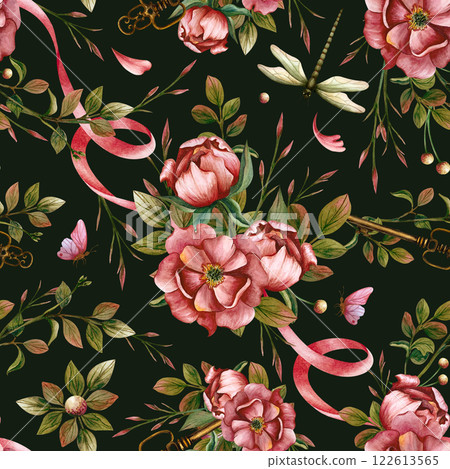 Floral seamless pattern with composition of peonies and leaves connected with ribbon. Dragonfly, butterfly and vintage key on the dark background. Watercolor illustration for scrapbook and stationery Floral seamless pattern with composition of peonies and leaves connected with ribbon. Dragonfly, butterfly and vintage key on the dark background. Watercolor illustration for scrapbook and stationery 122613565